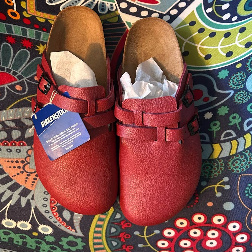 Birkenstock Red Leather Slip-On Clogs with Adjustable